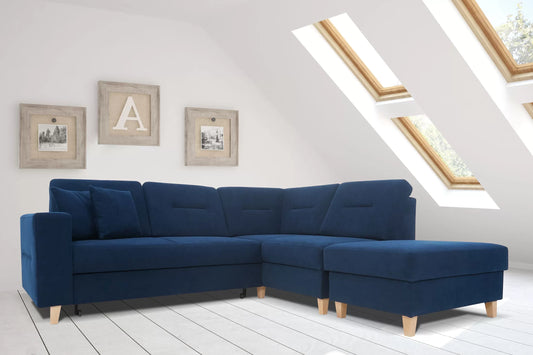 Narożnik Safiro prawy chabrowy rozkładany z pufą