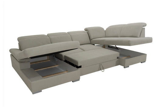 Narożnik Sofie podkowa duży beżowy dwa pojemniki funkcja spania