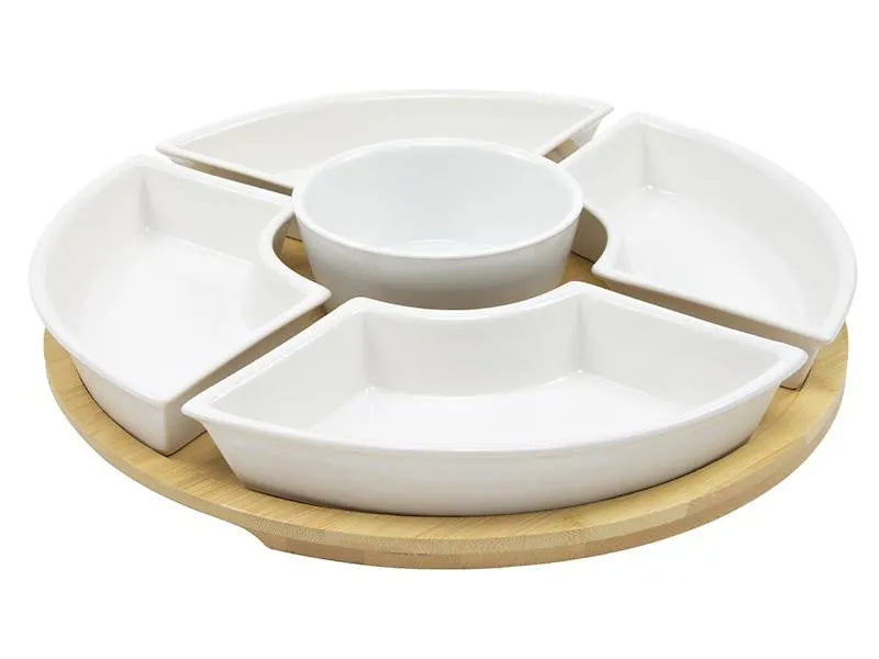 Ceramiczny zestaw bambusowy patera i 5 misek BIAŁY