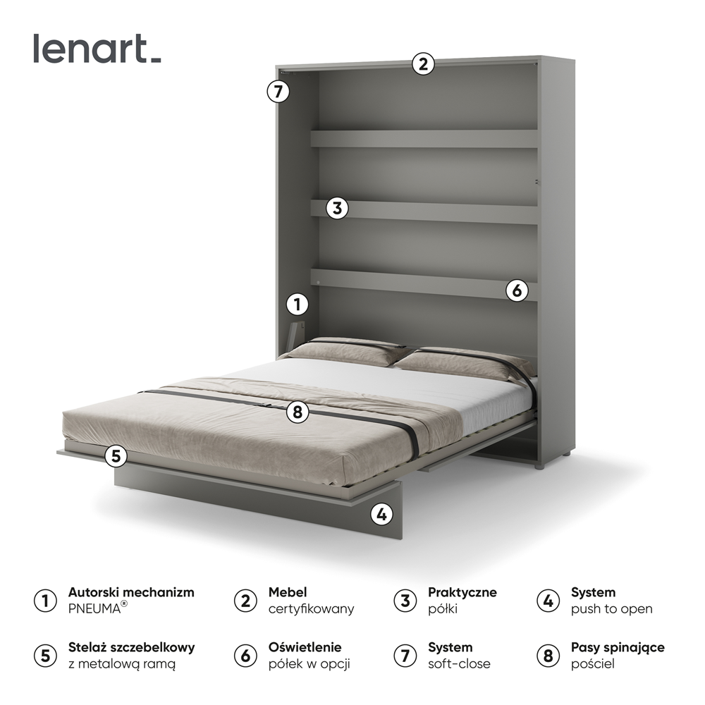 BED CONCEPT BC-01 - półkotapczan pionowy 140 - szary