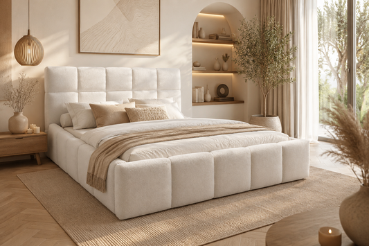 Łóżko Fluff Bed 160x200 boucle pikowane tapicerowane pojemnik