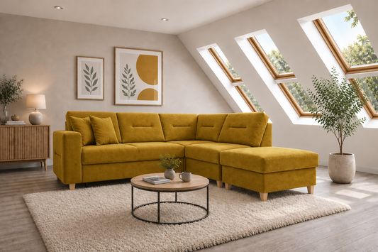 Narożnik Safiro musztardowy rozkładany z pufą