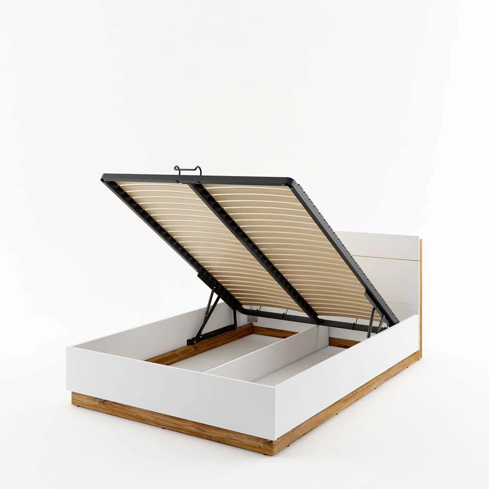 DENTRO DT-02 - łóżko (160) z pojemnikiem i oświetleniem - biały/dąb stirling