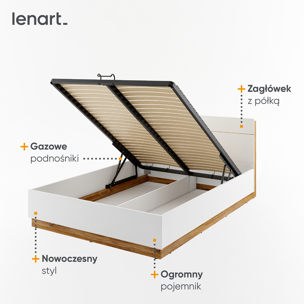 DENTRO DT-02 - łóżko (160) z pojemnikiem i oświetleniem - biały/dąb stirling