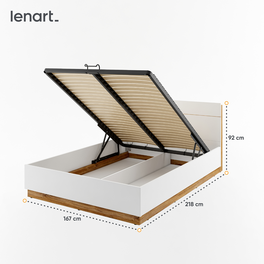 DENTRO DT-02 - łóżko (160) z pojemnikiem i oświetleniem - biały/dąb stirling