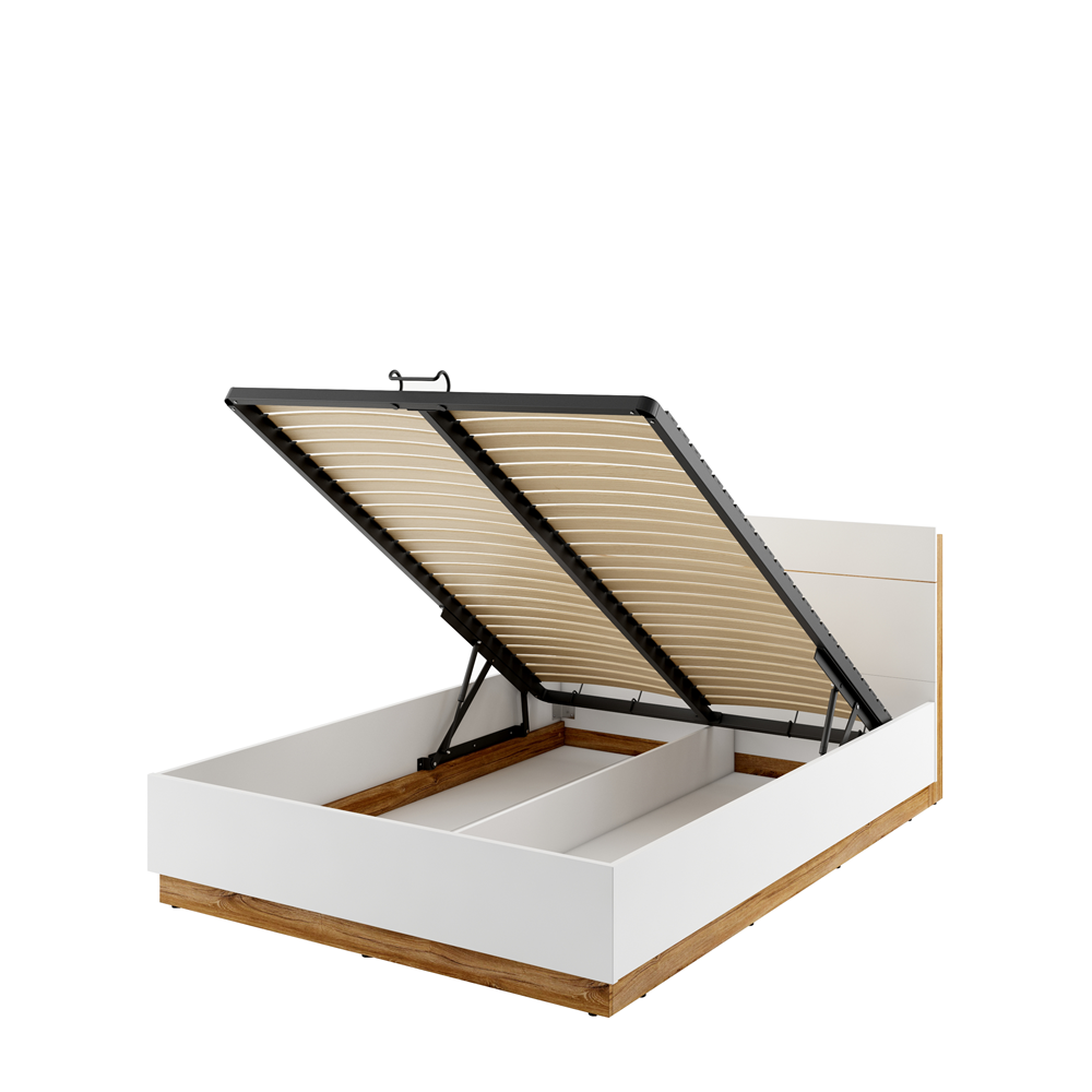 DENTRO DT-02 - łóżko (180) z pojemnikiem i oświetleniem - biały/dąb stirling