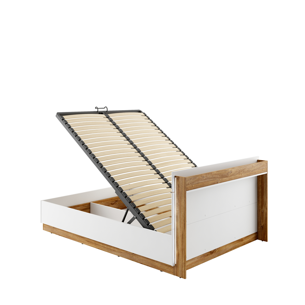 DENTRO DT-02 - łóżko (180) z pojemnikiem i oświetleniem - biały/dąb stirling