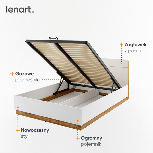 DENTRO DT-02 - łóżko (180) z pojemnikiem i oświetleniem - biały/dąb stirling