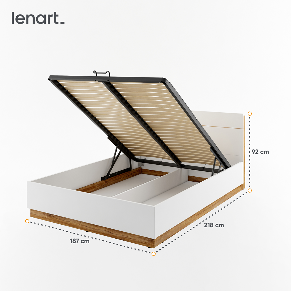 DENTRO DT-02 - łóżko (180) z pojemnikiem i oświetleniem - biały/dąb stirling