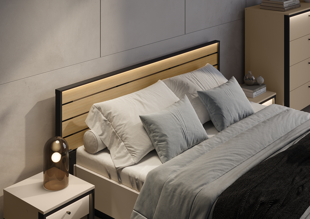 ENNA EN-02(160) - łóżko 160 - beż piaskowy/czarny/dąb natura