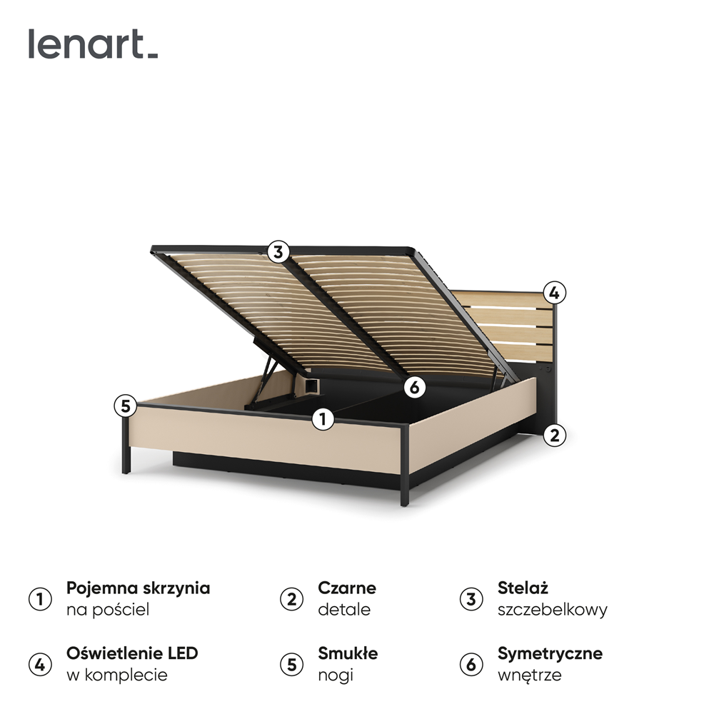 ENNA EN-02(160) - łóżko 160 - beż piaskowy/czarny/dąb natura