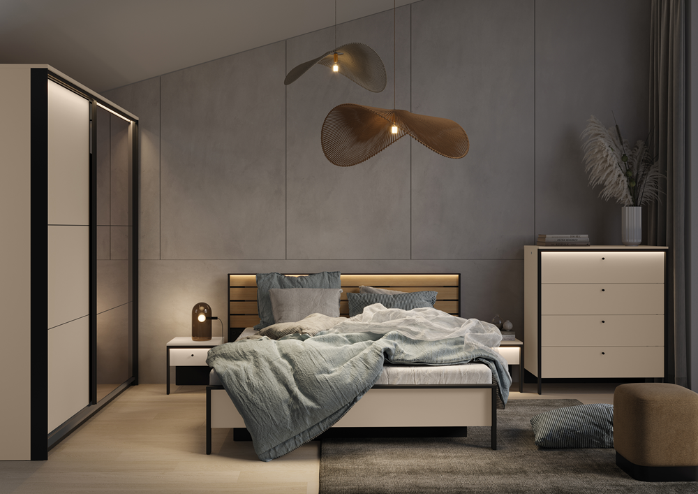 ENNA EN-02(160) - łóżko 160 - beż piaskowy/czarny/dąb natura