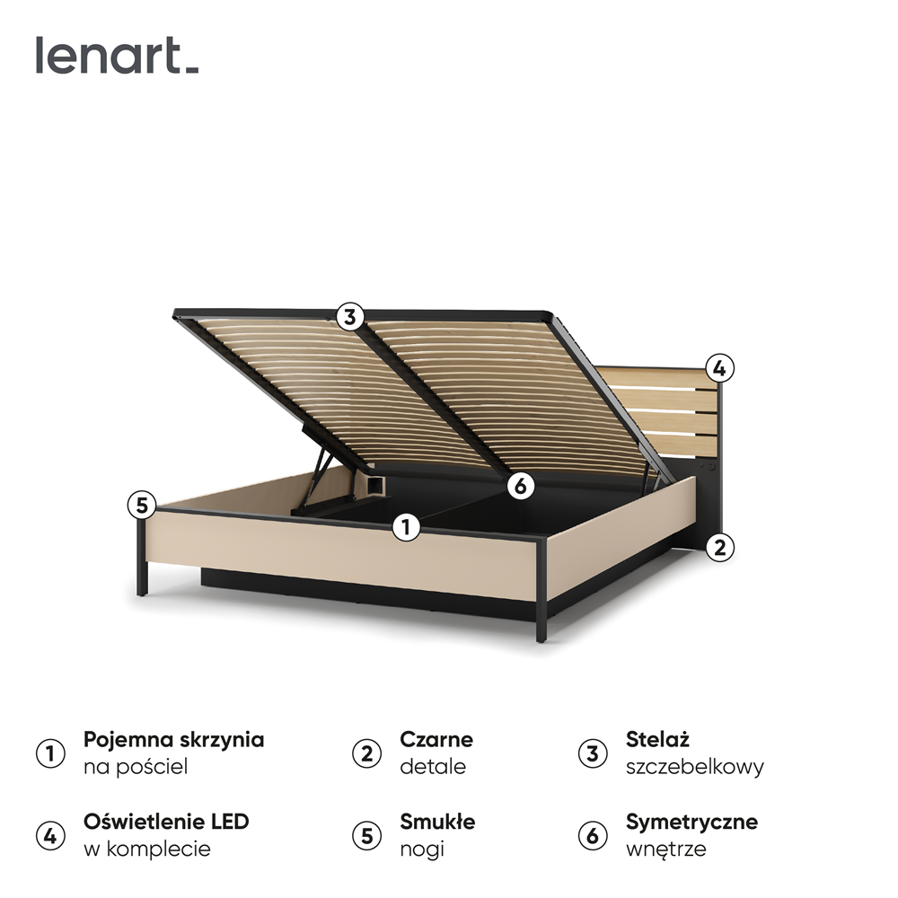 ENNA EN-02(180) - łóżko 180 - beż piaskowy/czarny/dąb natura