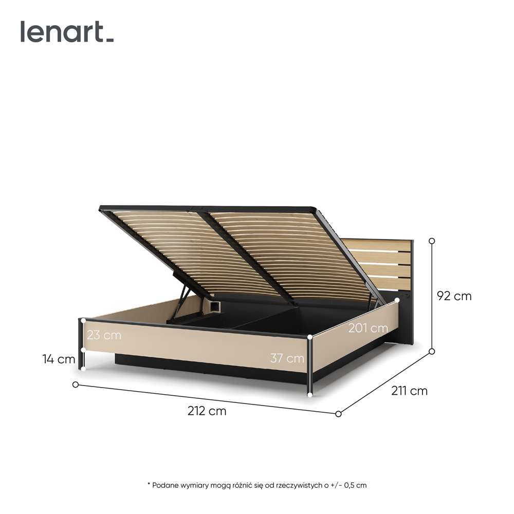 ENNA EN-02(180) - łóżko 180 - beż piaskowy/czarny/dąb natura