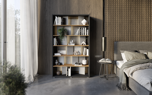 FITT FP-01 - regał z oświetleniem - grafit/dąb linearny/natura/szary