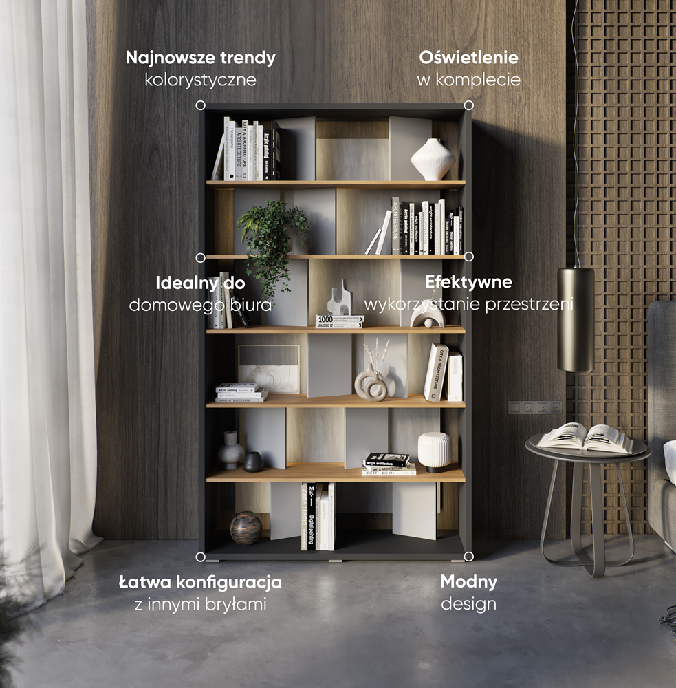 FITT FP-01 - regał z oświetleniem - grafit/dąb linearny/natura/szary