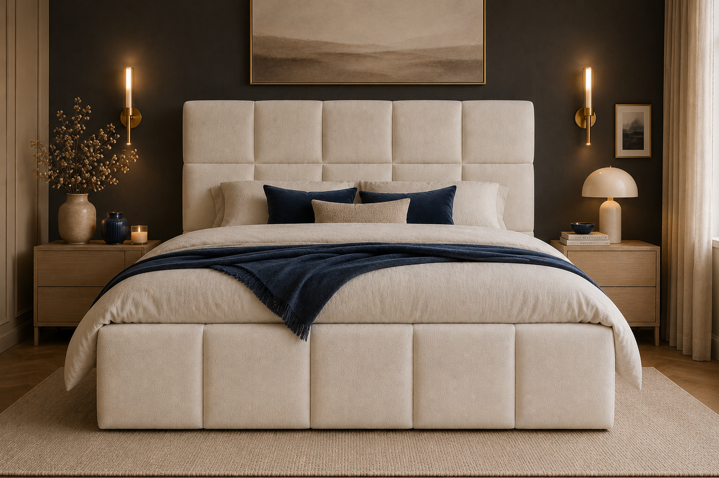Łóżko Fluff Bed 160x200 boucle pikowane tapicerowane pojemnik