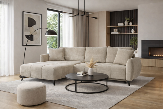 Narożnik Shepard beżowy uniwersalny rozkładany pojemnik na pościel