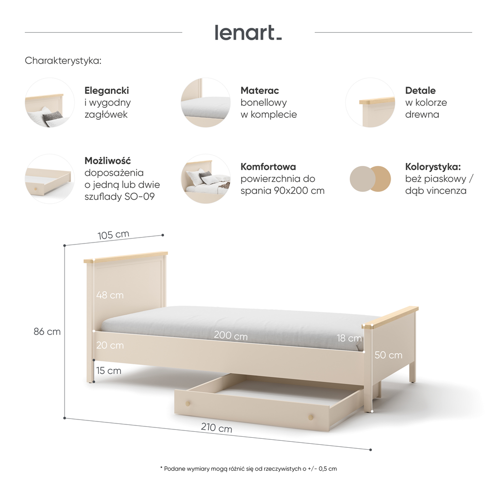 STORY SO-16 - łóżko 90 - beż piaskowy/dąb vincenza bielona