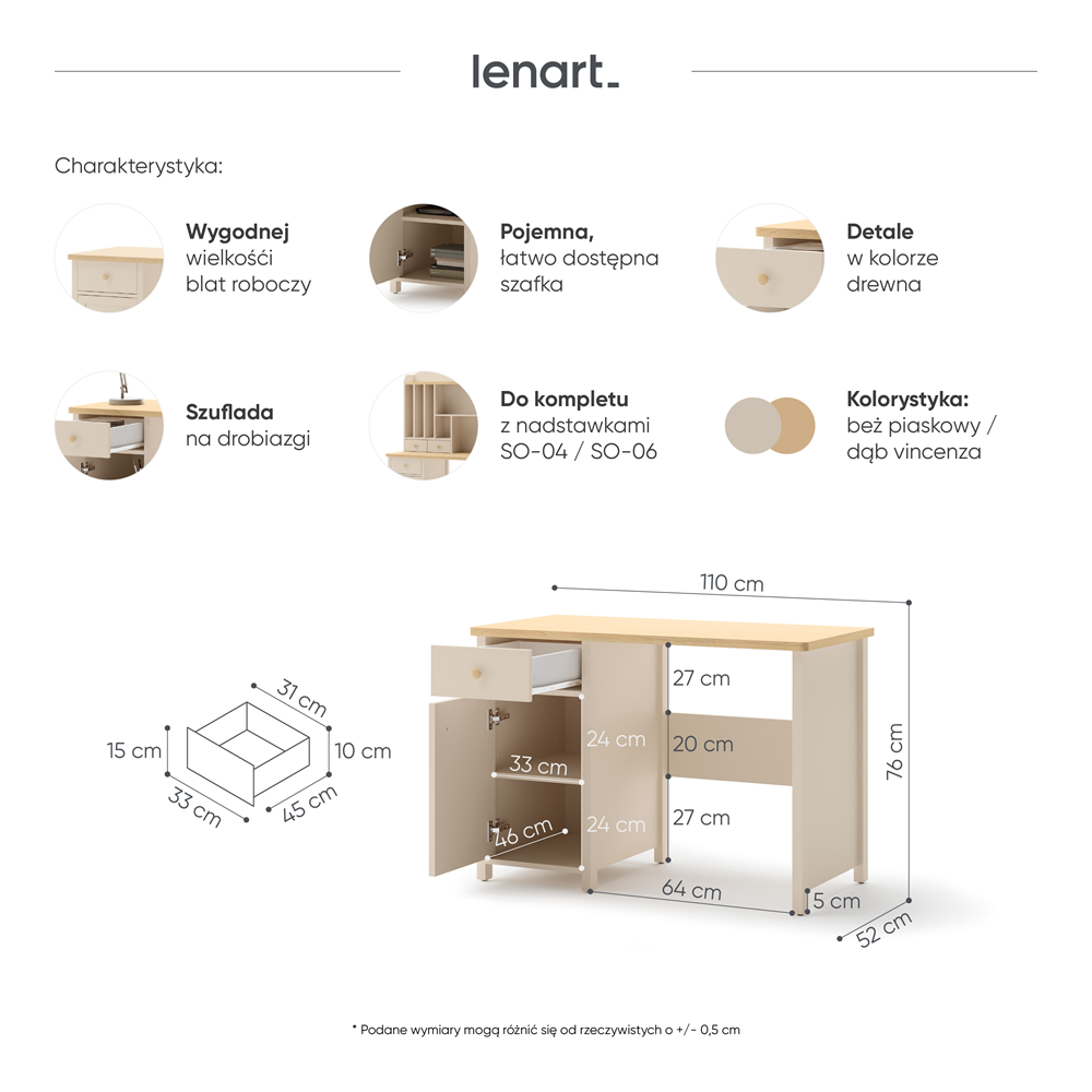 STORY SO-03 - biurko 1d1s - beż piaskowy/dąb vincenza bielona