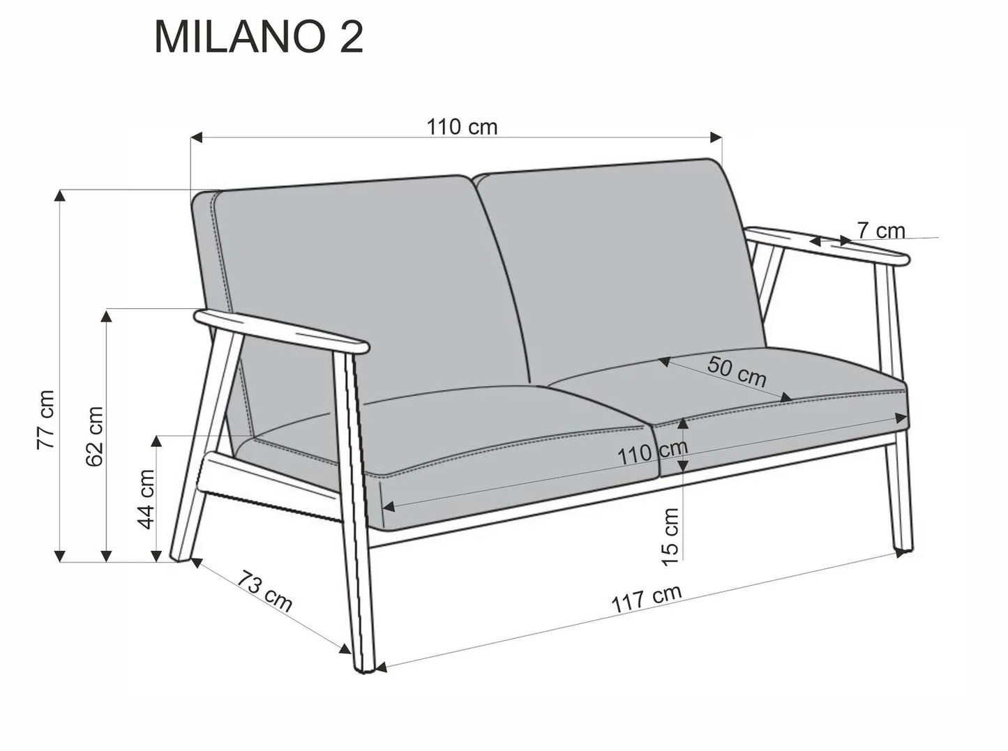 Sofa Milano 2os niebieska drewniane podłokietniki