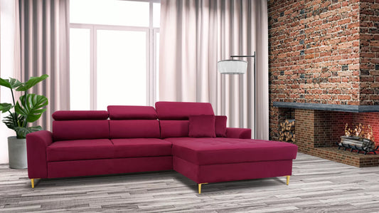 Narożnik Fresa lewy ruchome zagłówki złote nogi malinowy