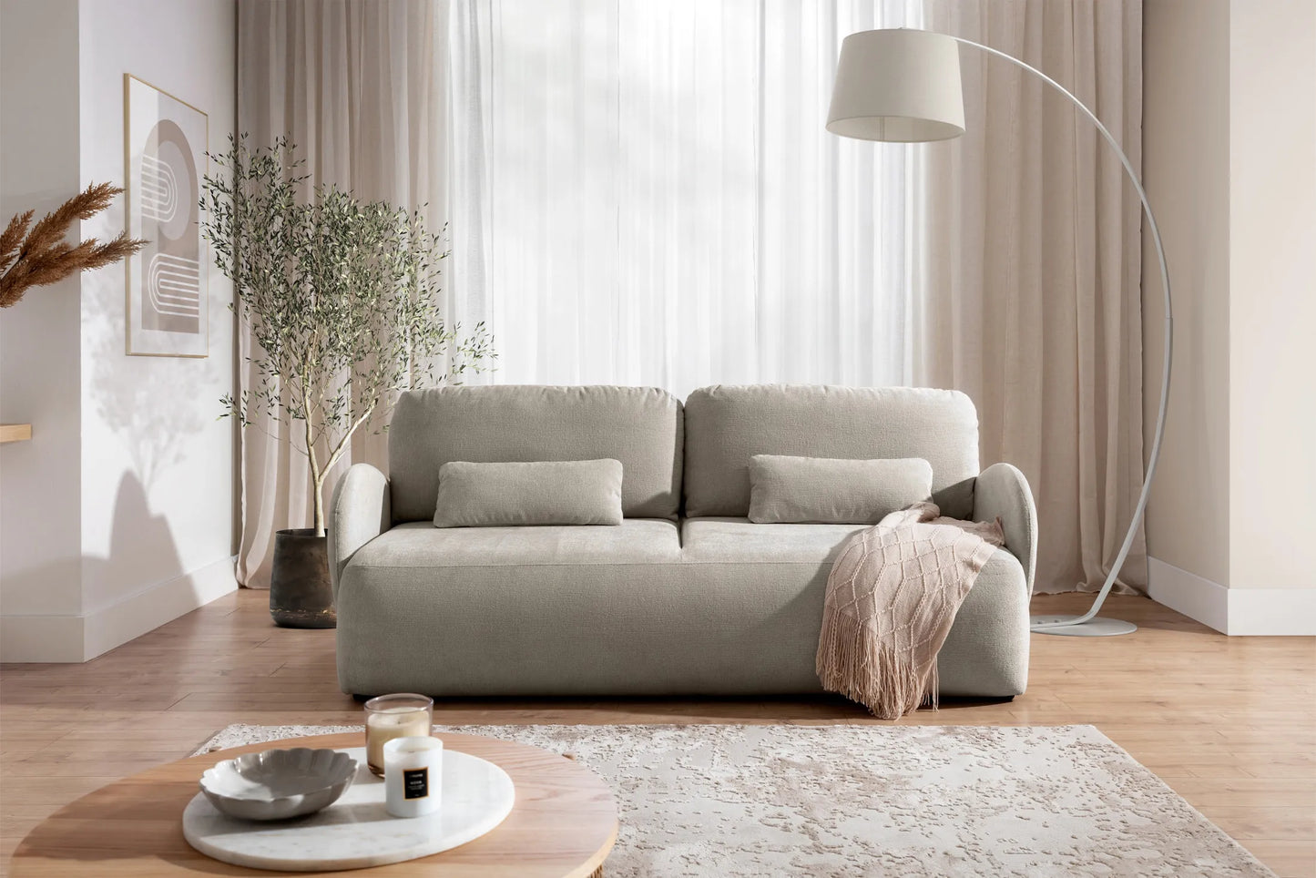 Sofa Dinel z funkcją spania beżowa szenil