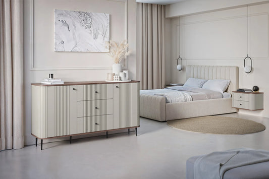 Komoda Vesper 160 cashmere czarne nogi orzechowy blat