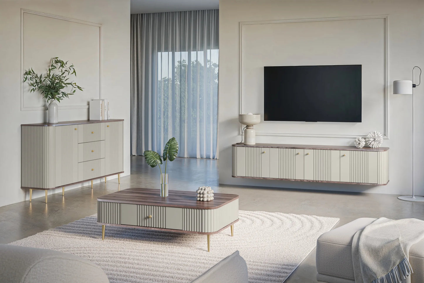 Komoda Vesper 160 cashmere złote nogi orzechowy blat