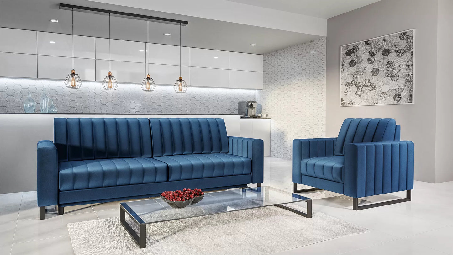 Kanapa LOFT granatowa metalowe nogi rozkładana