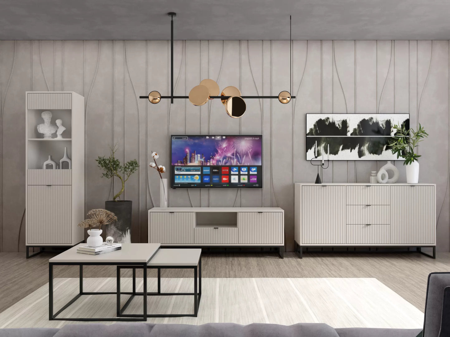 Szafka RTV Malmo ryflowana kaszmir metalowe nogi