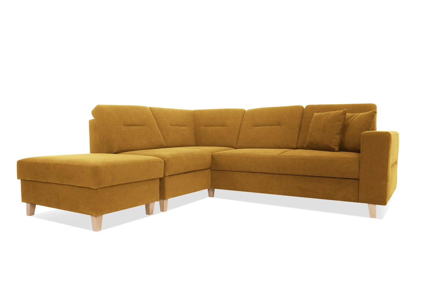 Narożnik Safiro lewy musztardowy rozkładany z pufą