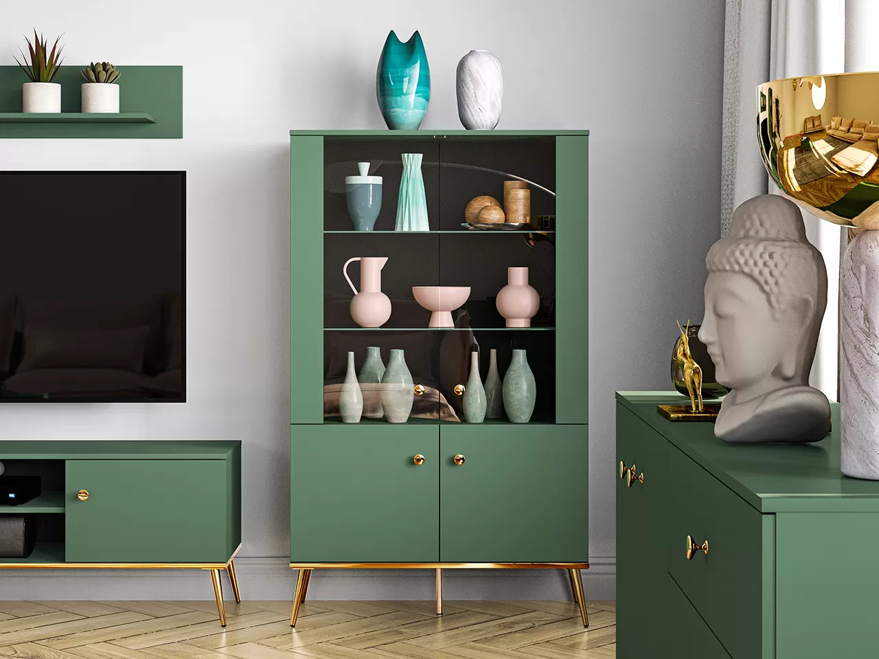 Witryna Forest dwudrzwiowa zielona złote nóżki