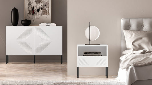 Szafka nocna Clearing biały mat nózki metalowe czarne