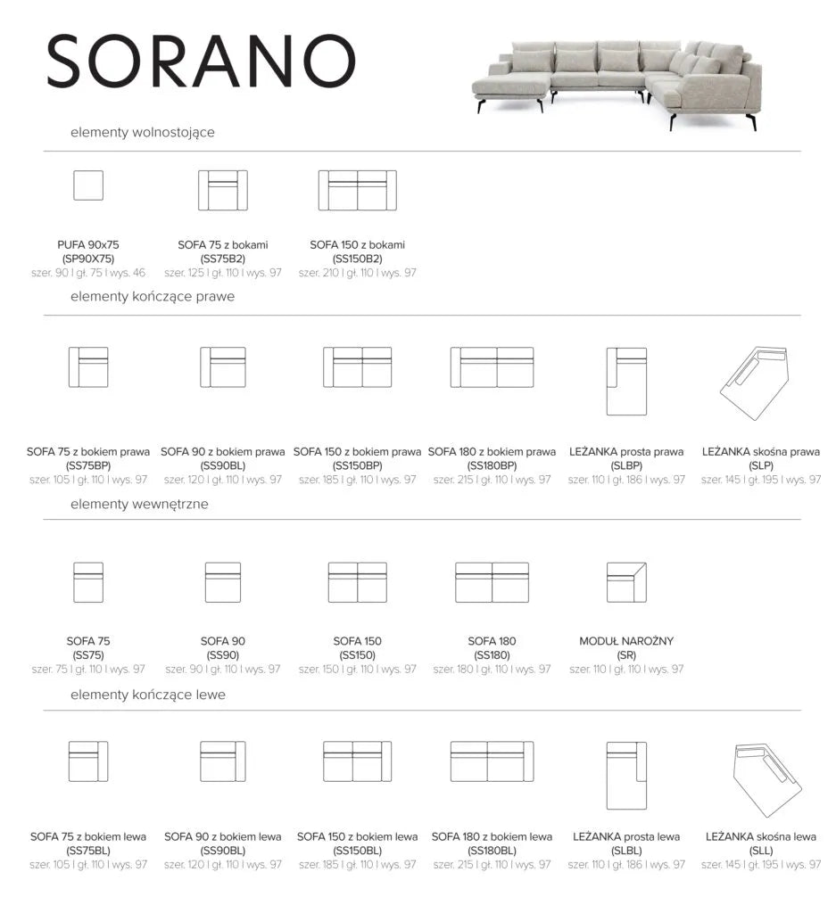 Narożnik Sorano duży podkowa nowoczesny beż metalowe nogi