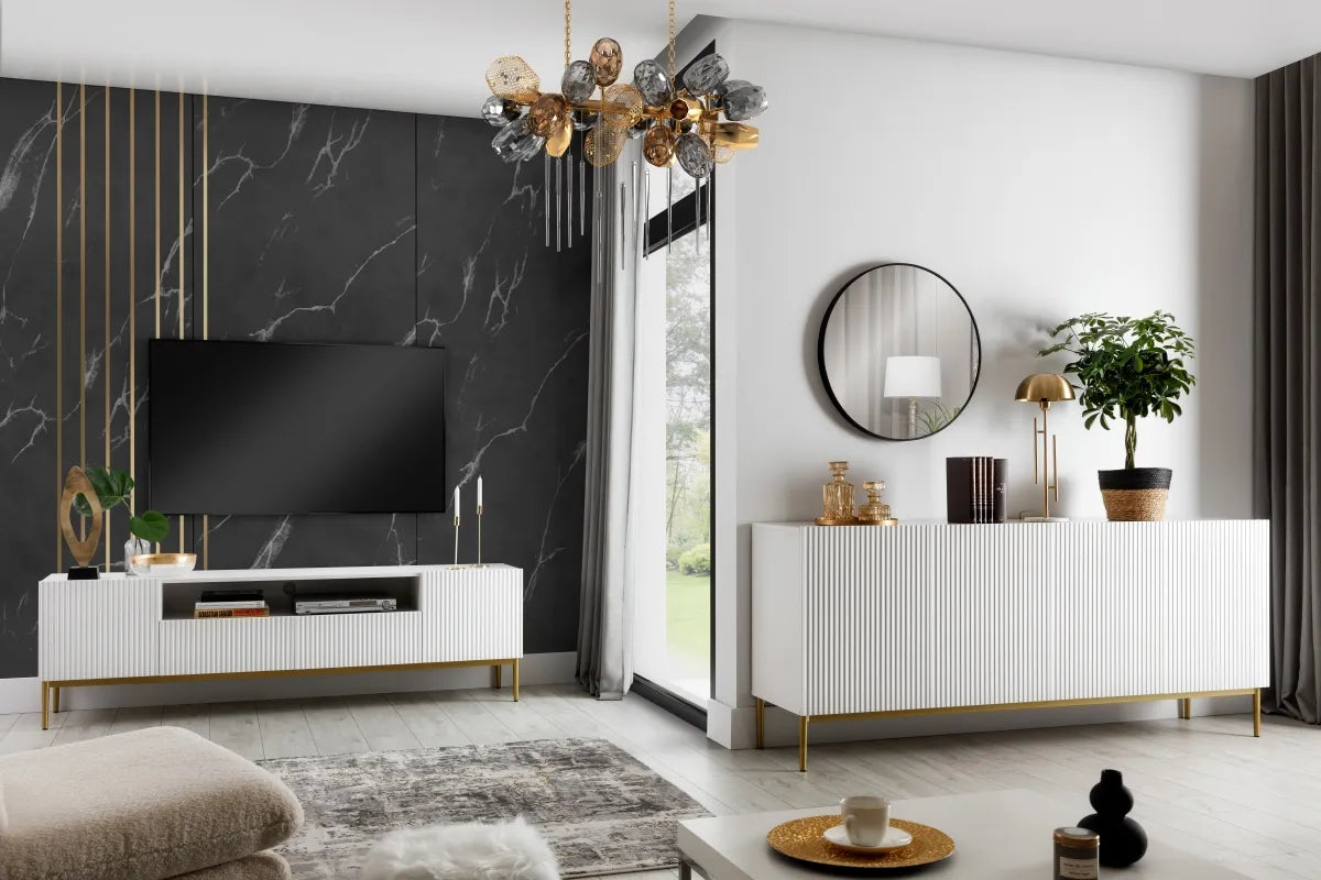 Szafka RTV Nicole wnęka biały mat frez złote nóżki