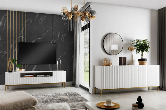 Szafka RTV Nicole wnęka biały mat frez złote nóżki