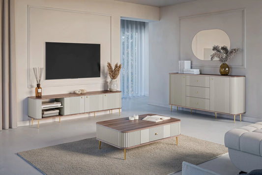 Szafka RTV Vesper cashmere orzechowy blat złote nóżki