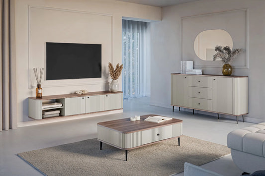 Szafka RTV Vesper wisząca cashmere czarne uchwyty orzech blat