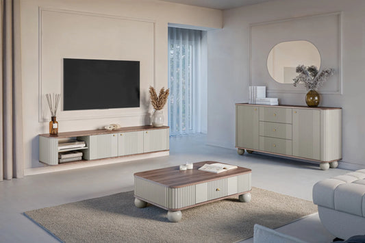 Szafka RTV Vesper wisząca cashmere złote uchwyty orzech blat