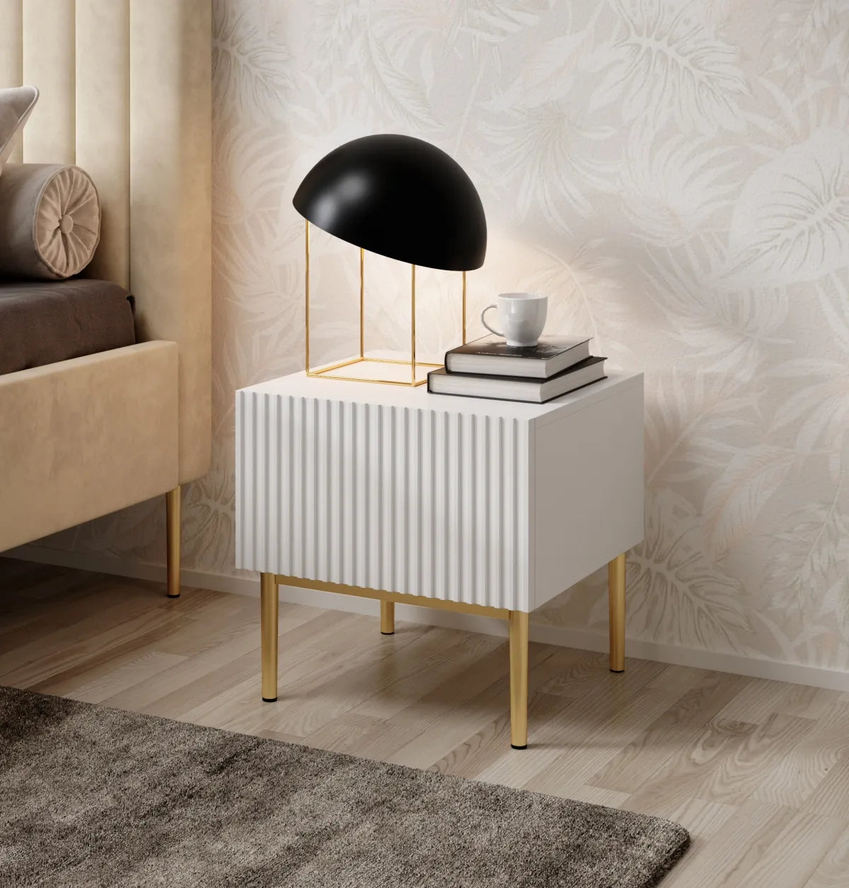 Szafki nocne Nicole zestaw 2 sztuki biały mat złote nóżki