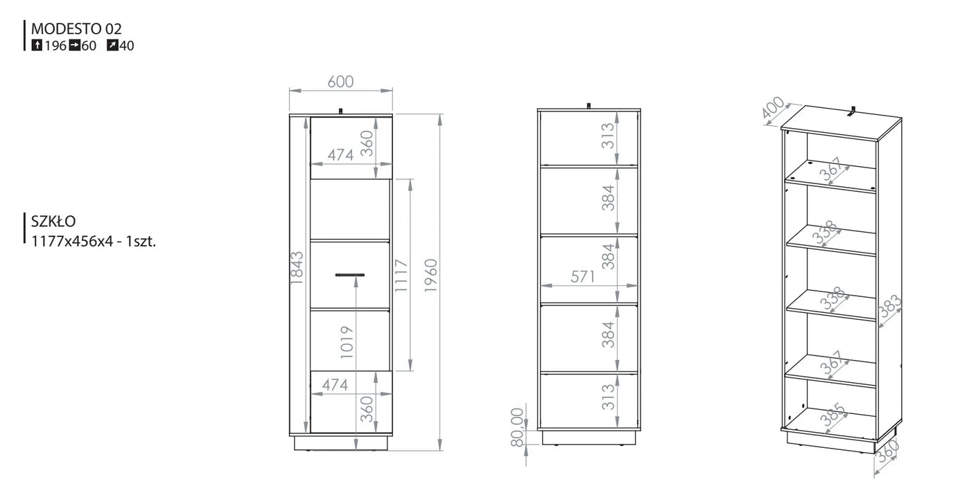 Witryna Modesto pojedyncza dąb oszklona