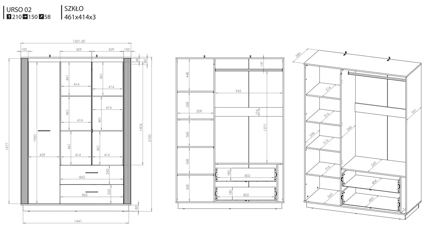 Szafa Urso trzydrzwiowa dąb craft czerń lustro