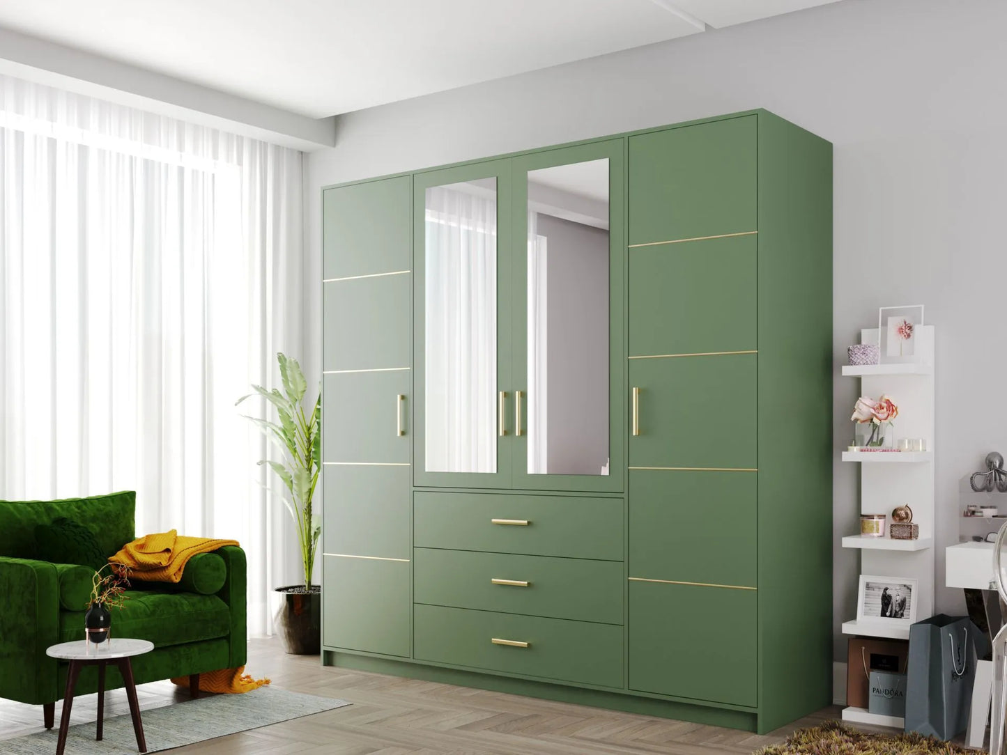 Szafa Bali II czterodrzwiowa zieleń złote listwy