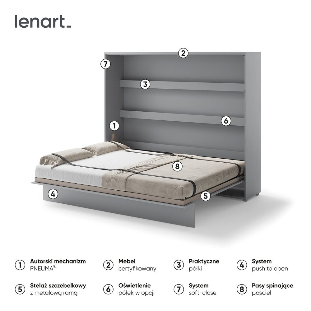BED CONCEPT BC-14 - półkotapczan poziomy 160 - szary