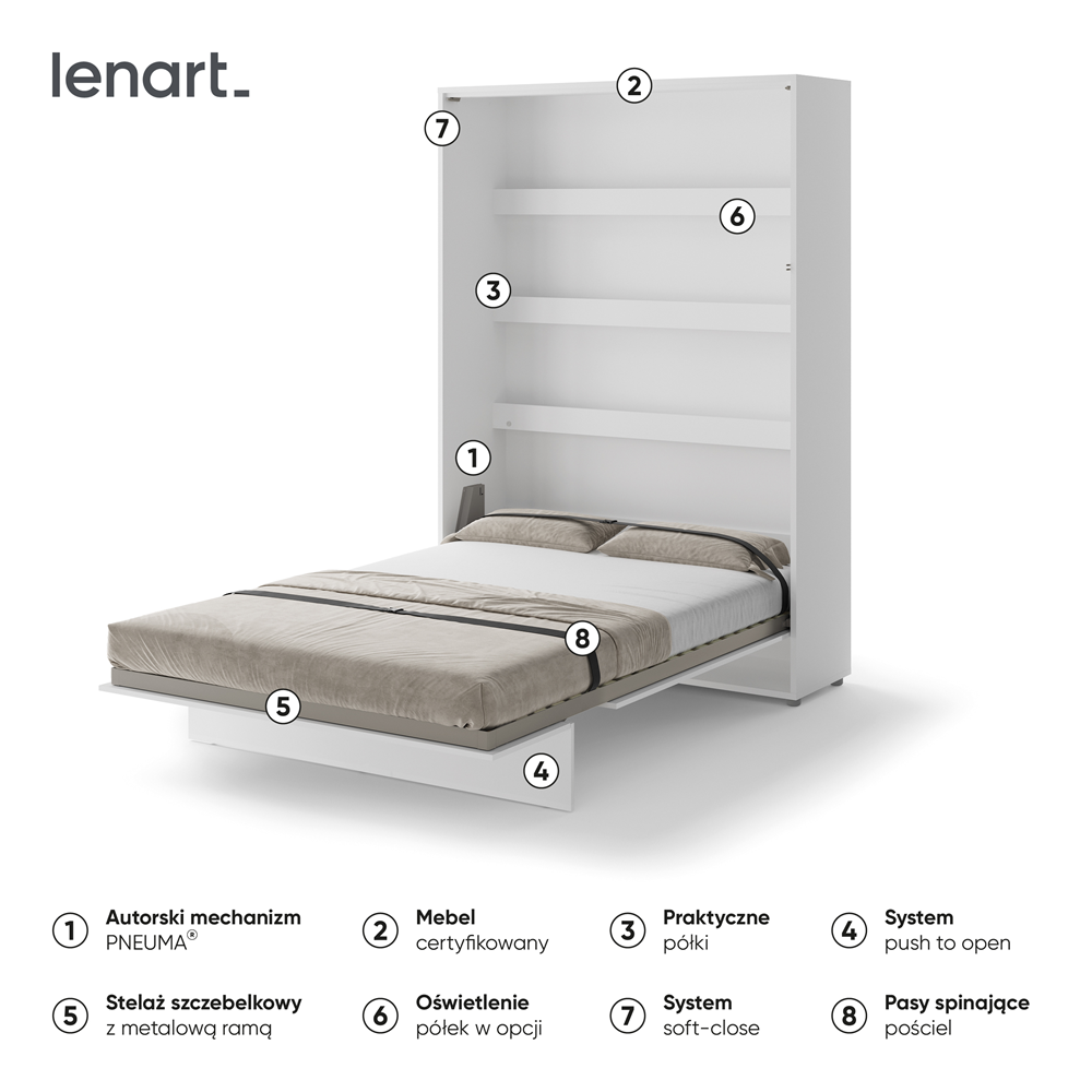 BED CONCEPT BC-01p - półkotapczan pionowy 140 - biały połysk