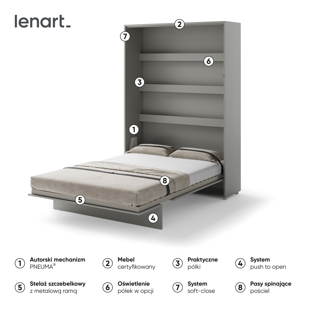 BED CONCEPT BC-01 - półkotapczan pionowy 140 - szary