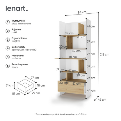 BED CONCEPT BC-22v2 - regał 84x218 - biały/dąb artisan