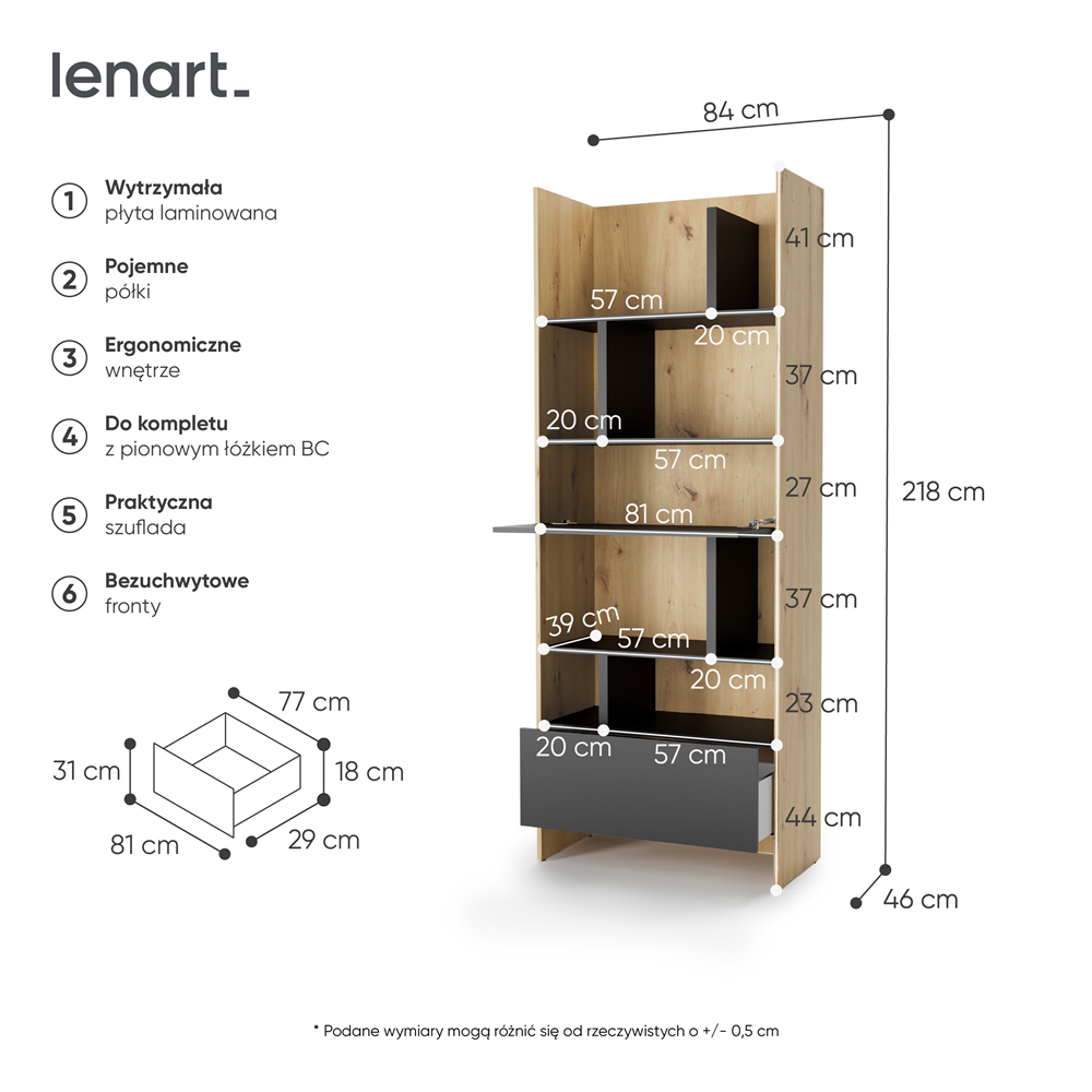 BED CONCEPT BC-22v2 - regał 84x218 - dąb artisan/czarny