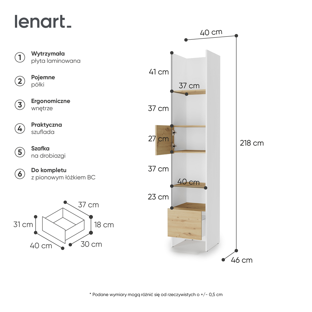 BED CONCEPT BC-23 regał 44x218 - biały/dąb artisan
